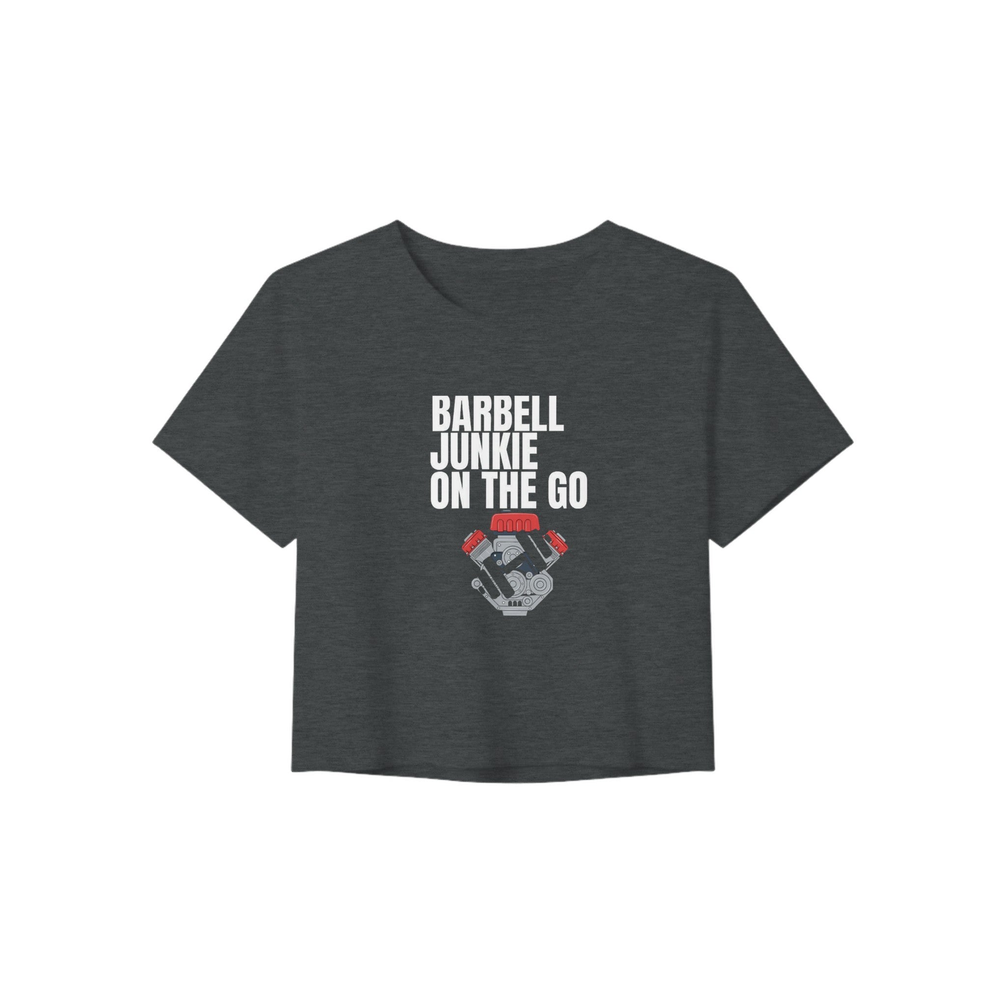 Barbell Junkie on the Go women's crop tee by Dumbbells & Hotels — road warrior gym apparel