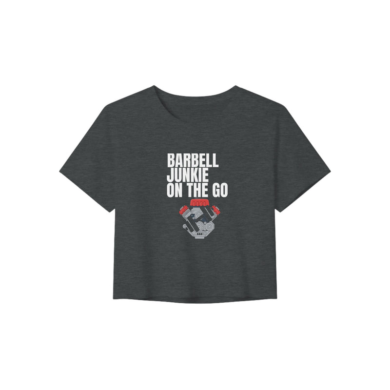 Barbell Junkie on the Go women's crop tee by Dumbbells & Hotels — road warrior gym apparel