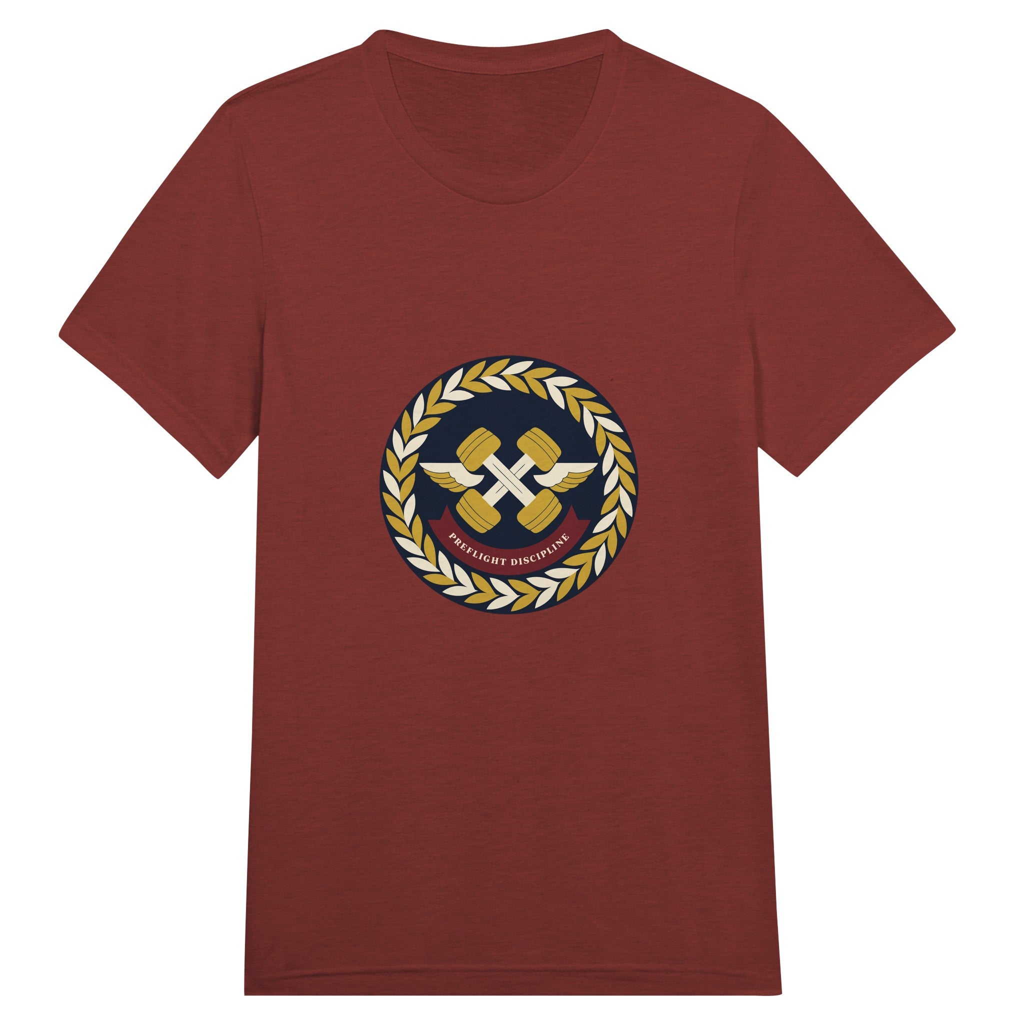 Preflight Discipline winged-dumbbell crest with laurel wreath on a unisex triblend tee by Dumbbells & Hotels — view 5 of 19
