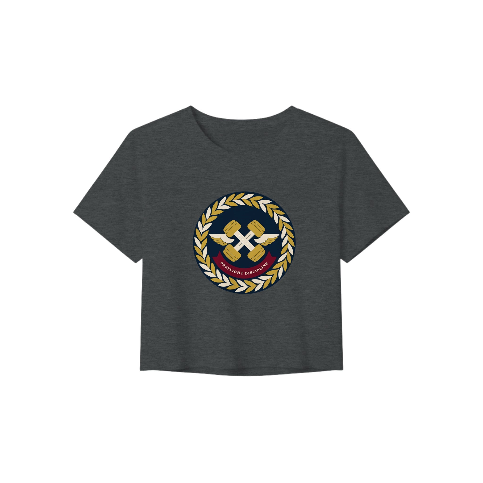 Preflight Discipline winged-dumbbell crest with laurel wreath on a women's crop tee by Dumbbells & Hotels — view 2 of 7