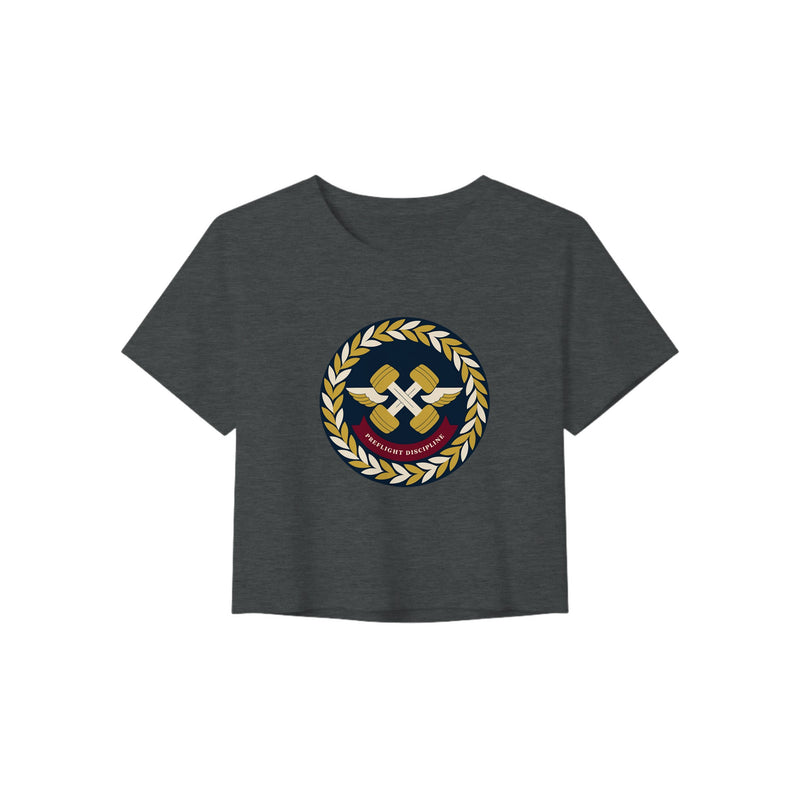 Preflight Discipline winged-dumbbell crest with laurel wreath on a women's crop tee by Dumbbells & Hotels — view 2 of 7