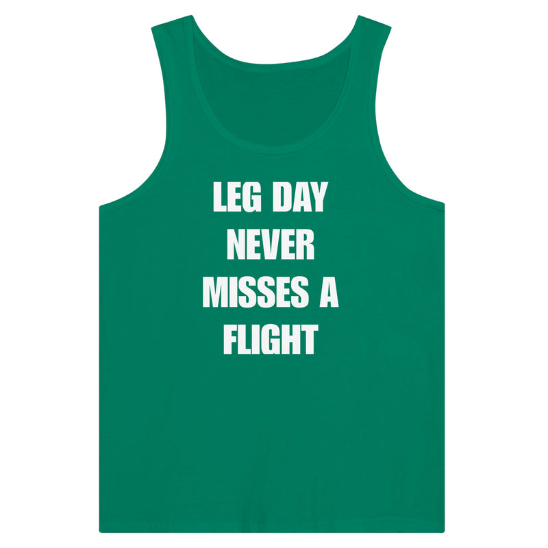 men's travel tank with white Leg Day Never Misses a Flight print on dark fabric, product view 2