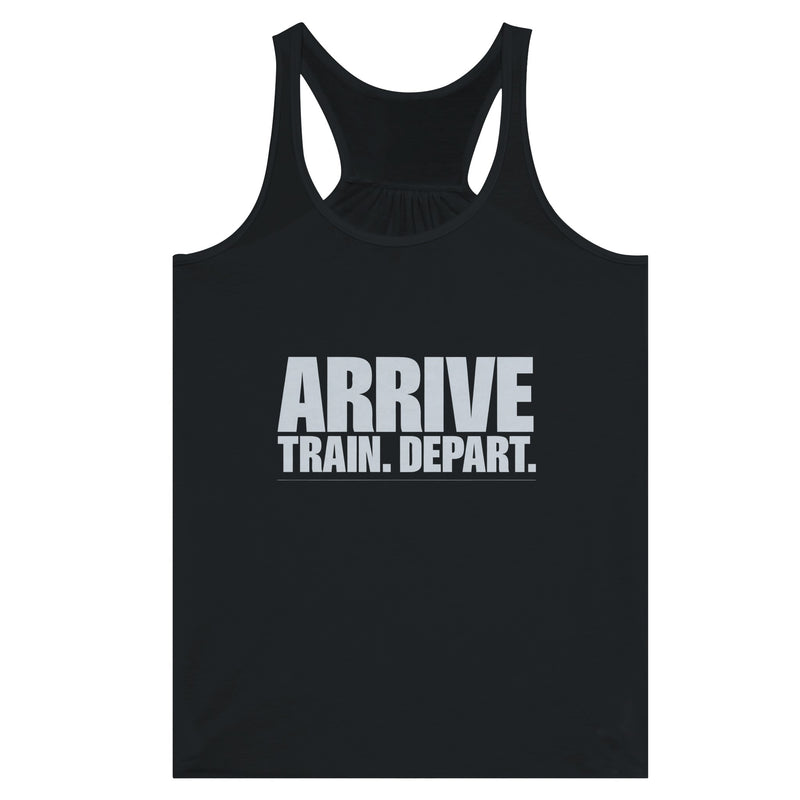 Arrive. Train. Depart. Racerback | Dumbbells & Hotels - Arrive. Train. Depart. design, racerback product photo