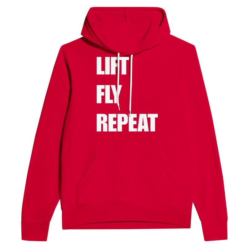 Lift Fly Repeat unisex pullover hoodie for travelling professionals, printed with a laurel-wreath crest with crossed dumbbells, aviator wings and a LIFT. FLY. REPEAT. ribbon — product photo 9 of 12