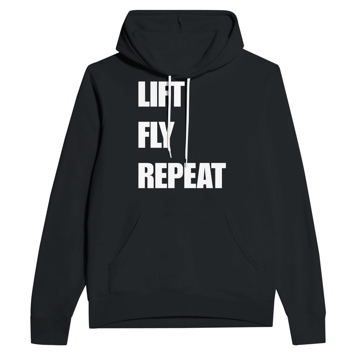 Lift Fly Repeat unisex pullover hoodie for travelling professionals, printed with a laurel-wreath crest with crossed dumbbells, aviator wings and a LIFT. FLY. REPEAT. ribbon — product photo 5 of 12