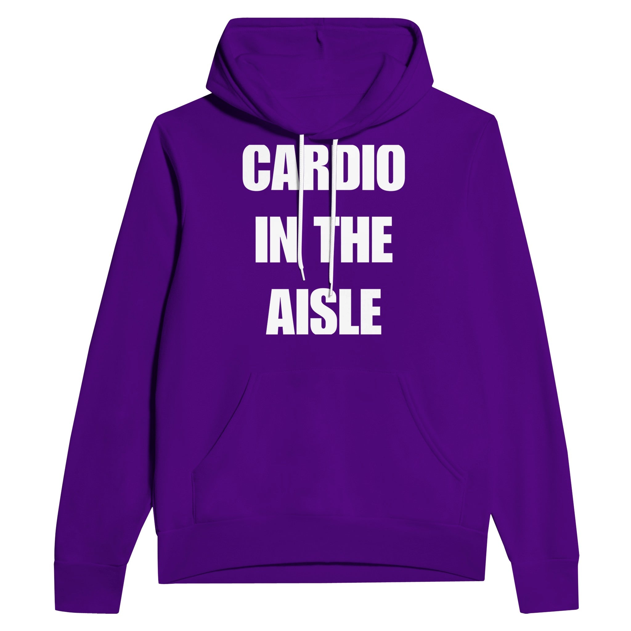 midweight travel hoodie with white Cardio in the Aisle statement print, product view 3