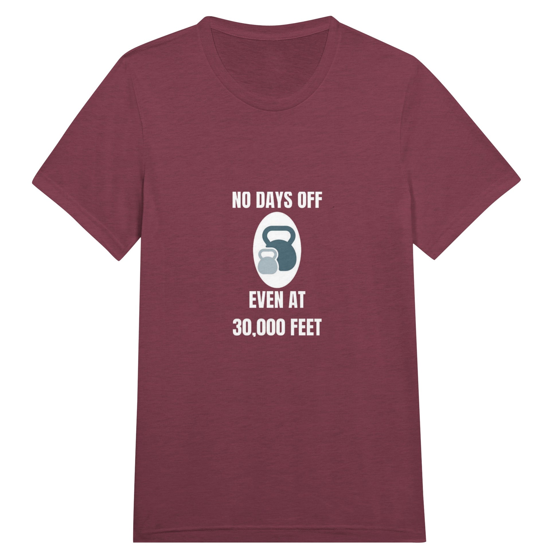 No Days Off Even at 30,000 Feet unisex triblend tee in Cardinal Triblend — packable travel training apparel from Dumbbells & Hotels
