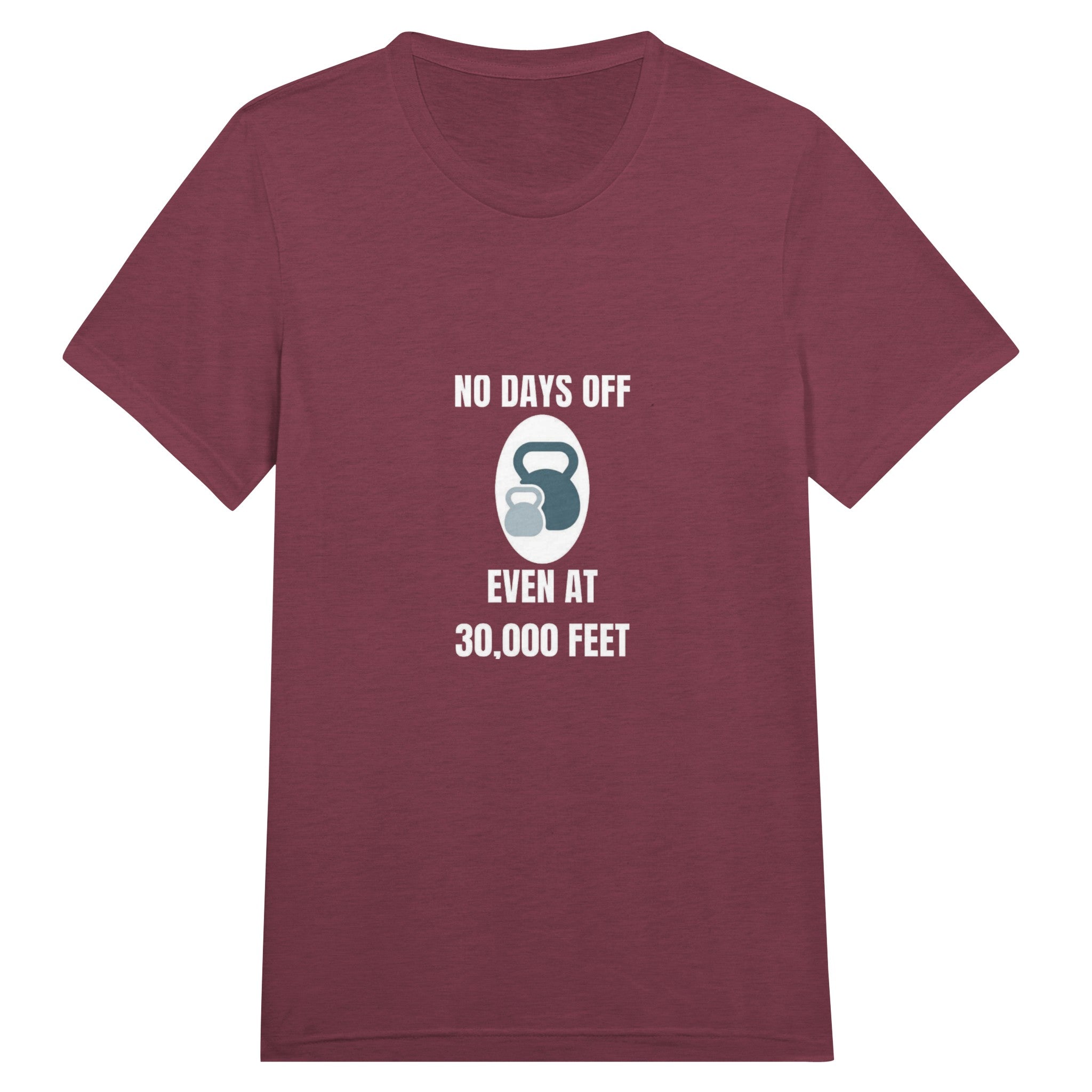 No Days Off Even at 30,000 Feet unisex triblend tee in Cardinal Triblend — packable travel training apparel from Dumbbells & Hotels