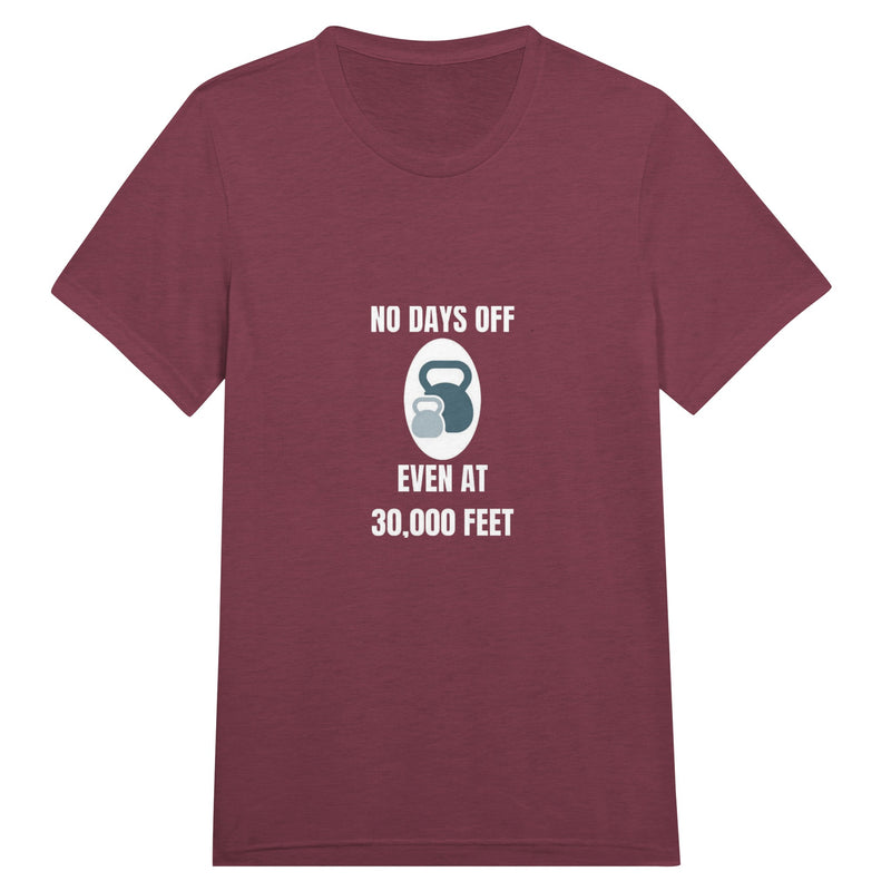 No Days Off Even at 30,000 Feet unisex triblend tee in Cardinal Triblend — packable travel training apparel from Dumbbells & Hotels