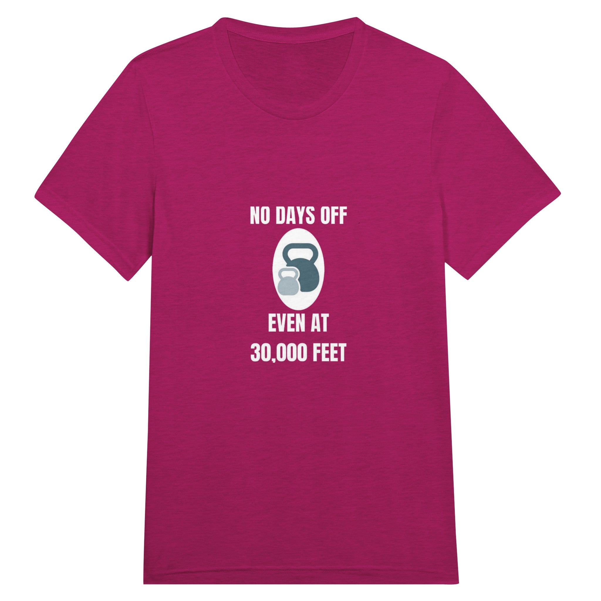 No Days Off Even at 30,000 Feet unisex triblend tee in Berry Triblend — packable travel training apparel from Dumbbells & Hotels