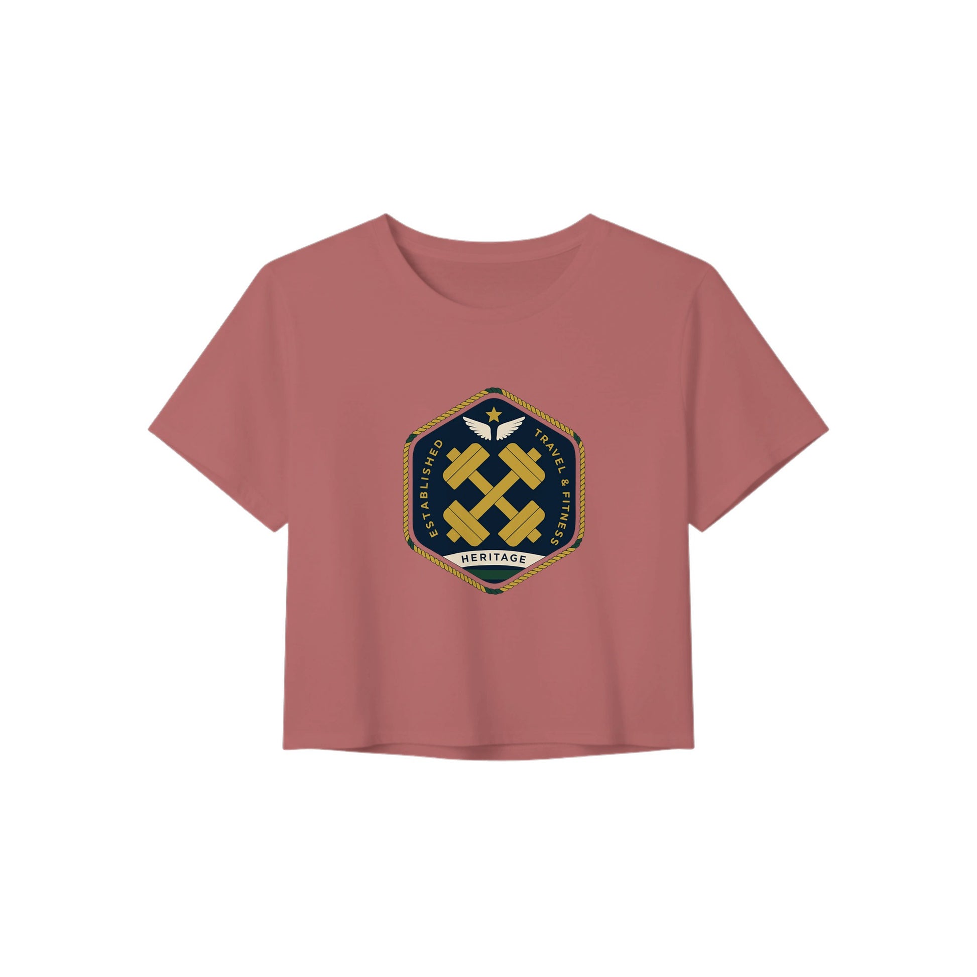 Heritage Standard crest-emblem travel crop tee, Dumbbells & Hotels road warrior apparel