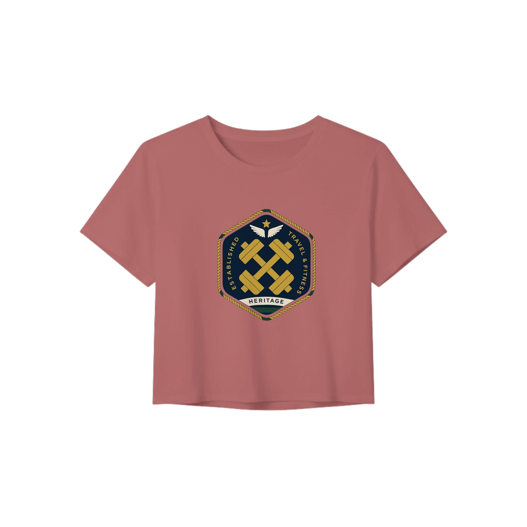 Heritage Standard crest-emblem travel crop tee, Dumbbells & Hotels road warrior apparel