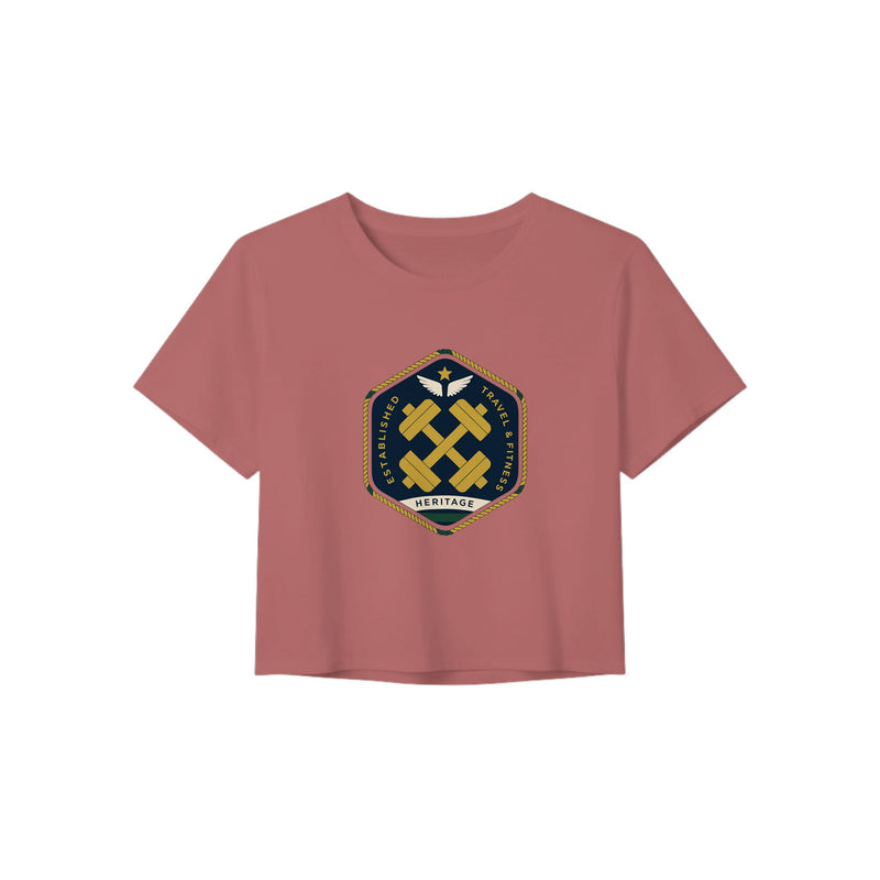 Heritage Standard crest-emblem travel crop tee, Dumbbells & Hotels road warrior apparel
