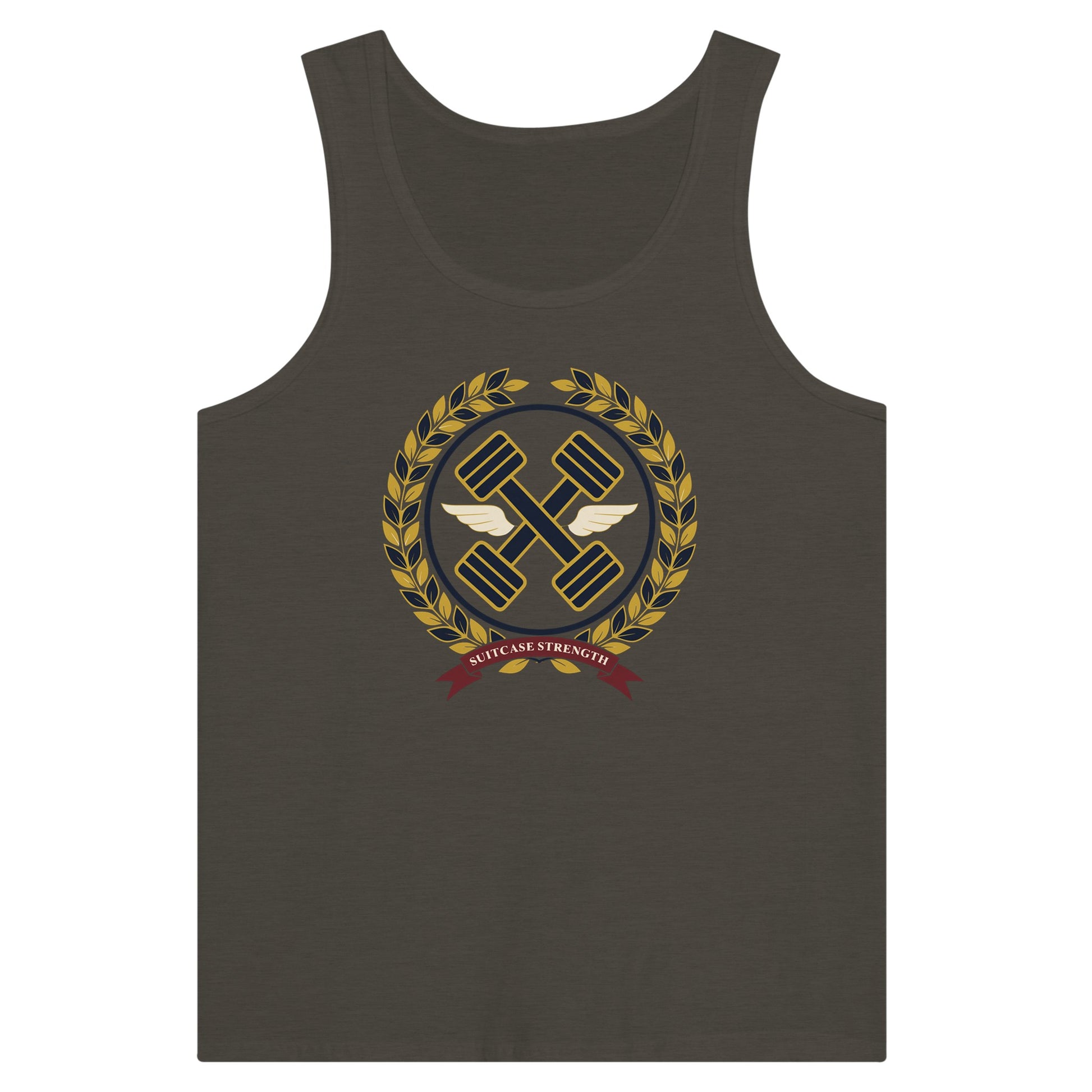 Suitcase Strength unisex premium tank top for travelling professionals, printed with a gold laurel-wreath crest with navy crossed dumbbells, cream aviator wings and a SUITCASE STRENGTH ribbon — product photo 7 of 18