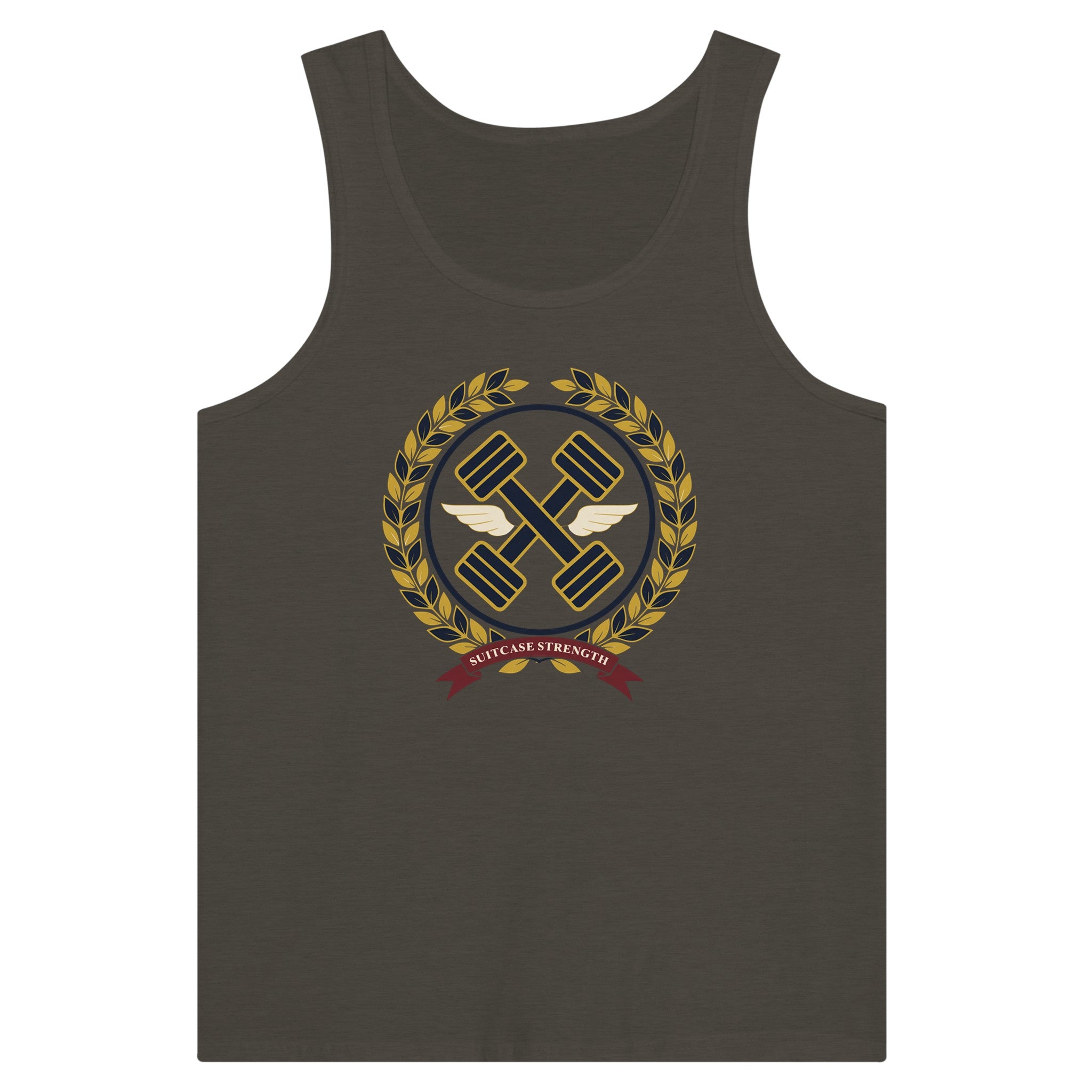 Suitcase Strength unisex premium tank top for travelling professionals, printed with a gold laurel-wreath crest with navy crossed dumbbells, cream aviator wings and a SUITCASE STRENGTH ribbon — product photo 7 of 18