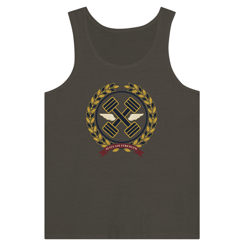 Suitcase Strength unisex premium tank top for travelling professionals, printed with a gold laurel-wreath crest with navy crossed dumbbells, cream aviator wings and a SUITCASE STRENGTH ribbon — product photo 7 of 18