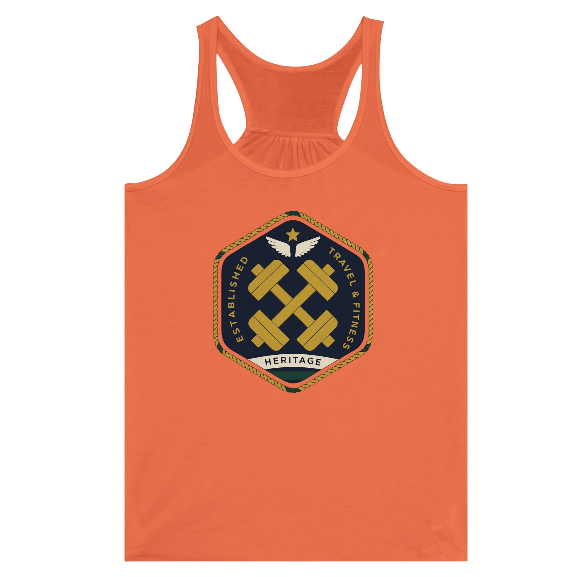 Heritage Standard crest-emblem flowy racerback tank, Dumbbells & Hotels road warrior apparel