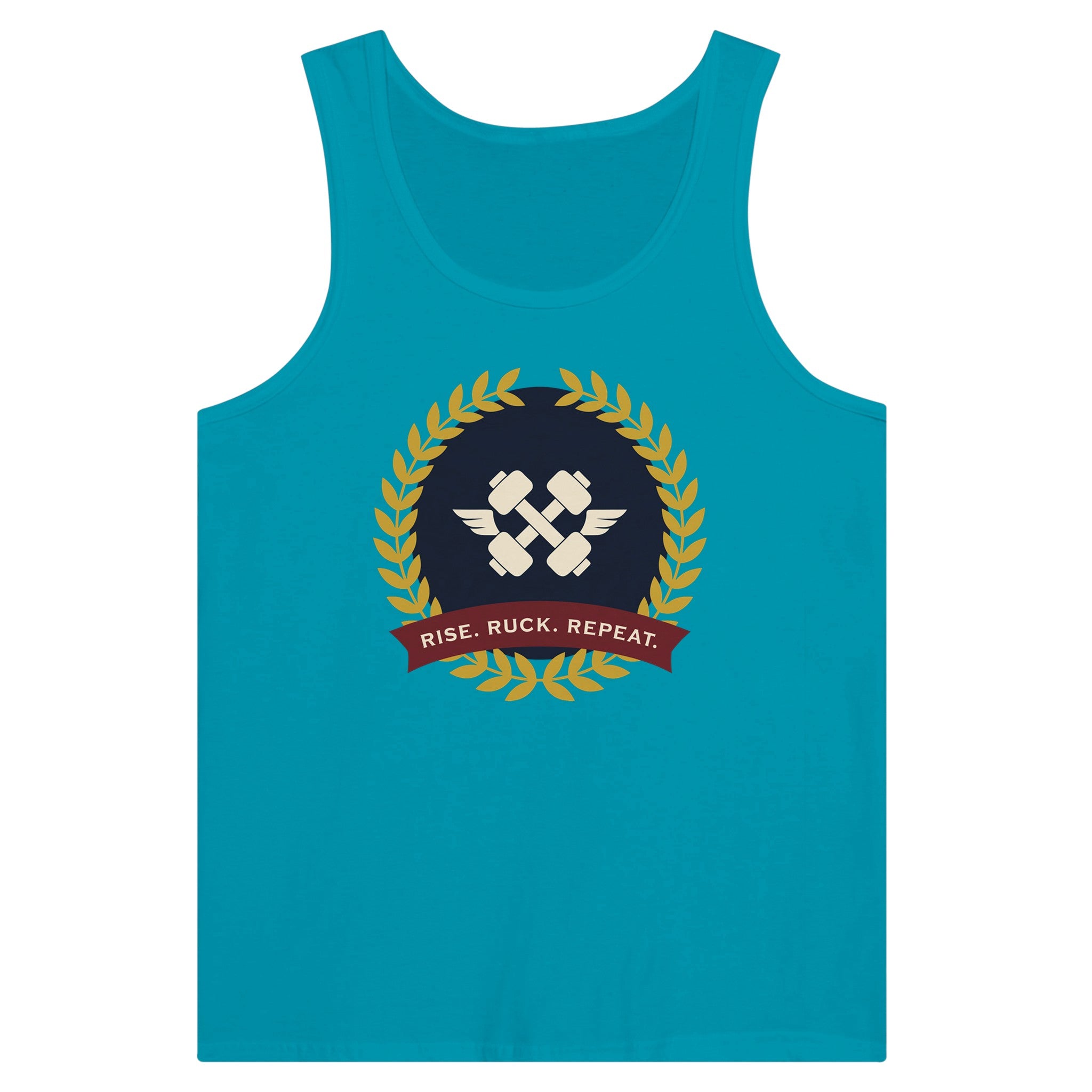 Rise. Ruck. Repeat. artwork detail on a unisex tank top designed for hotel gyms and long layovers
