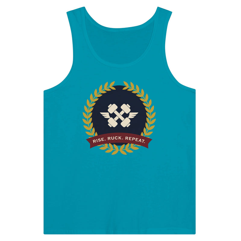 Rise. Ruck. Repeat. artwork detail on a unisex tank top designed for hotel gyms and long layovers
