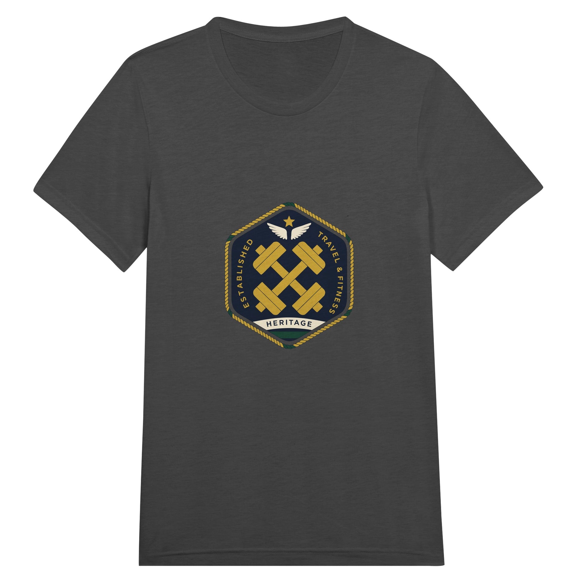 Heritage Standard crest-emblem travel tee, Dumbbells & Hotels road warrior apparel