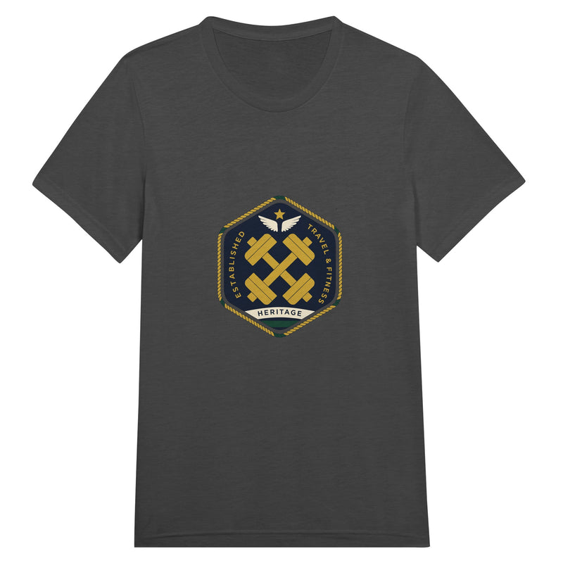 Heritage Standard crest-emblem travel tee, Dumbbells & Hotels road warrior apparel