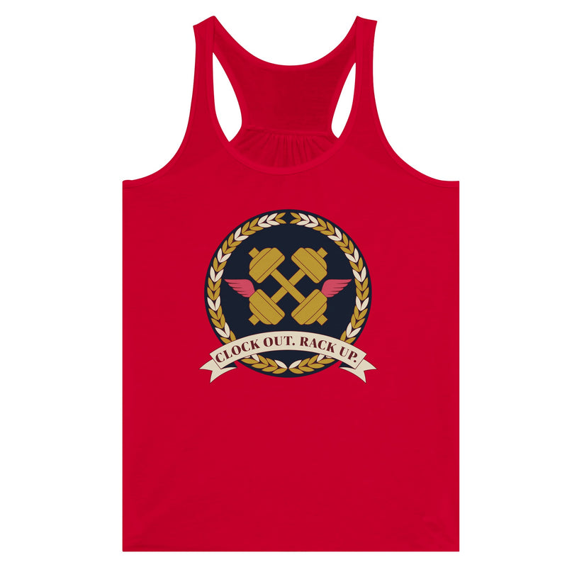 Clock Out. Rack Up. crest design on a Dumbbells and Hotels women's racerback tank