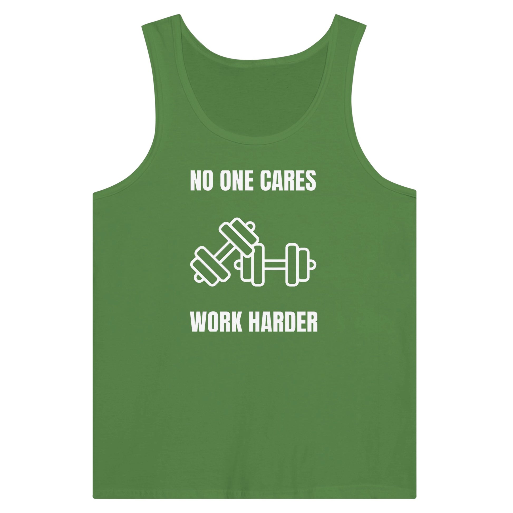 No One Cares. Work Harder training tank — veteran-founded travel fitness apparel for pilots and flight crews | Dumbbells & Hotels