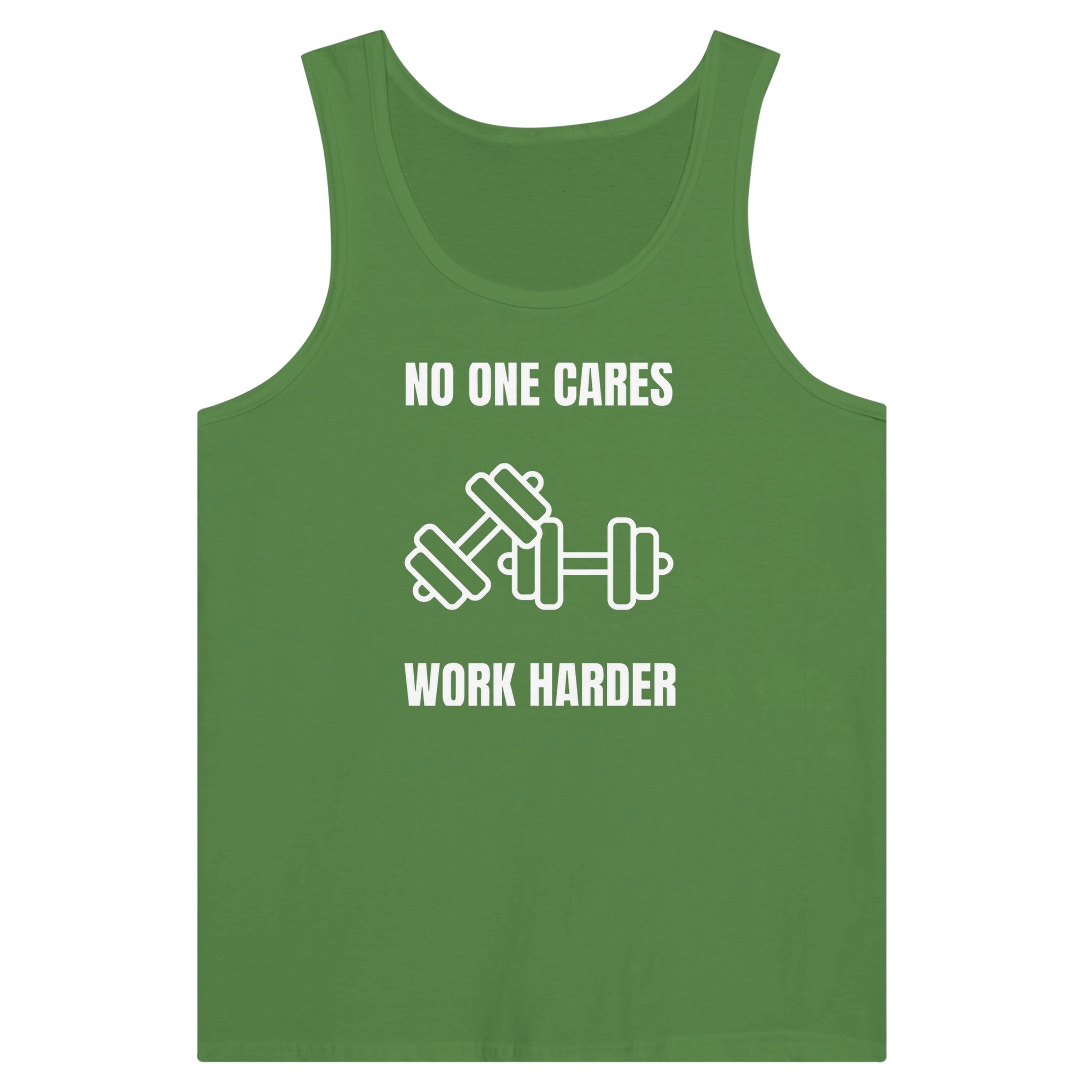 No One Cares. Work Harder training tank — veteran-founded travel fitness apparel for pilots and flight crews | Dumbbells & Hotels