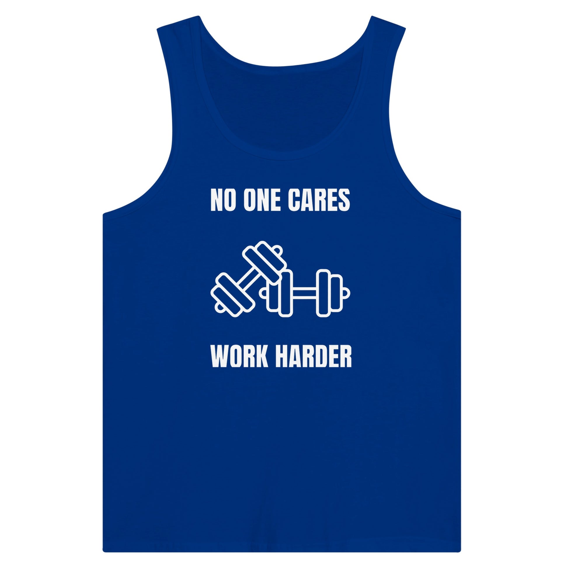 No One Cares. Work Harder dark-edition tank — lightweight, wrinkle-resistant capsule-wardrobe staple | Dumbbells & Hotels