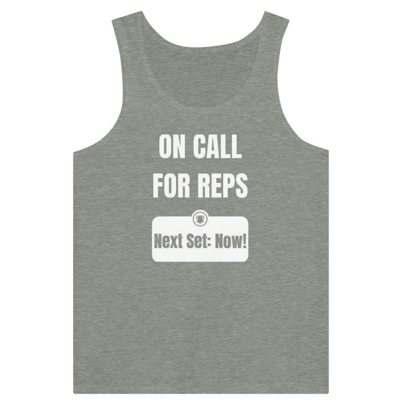 unisex premium travel tank with white On Call for Reps notification graphic reading Next Set: Now!