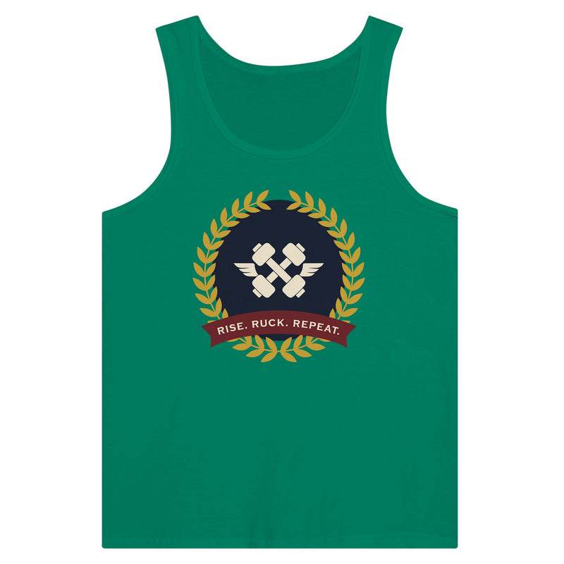 Rise. Ruck. Repeat. artwork detail on a unisex tank top designed for hotel gyms and long layovers