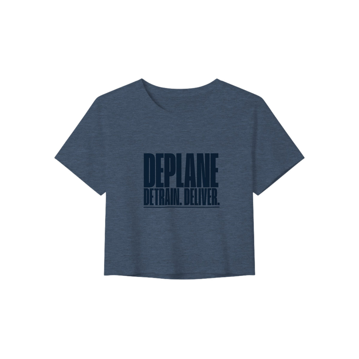 Deplane. Detrain. Deliver. crop tee, Dumbbells and Hotels, colorway flat lay