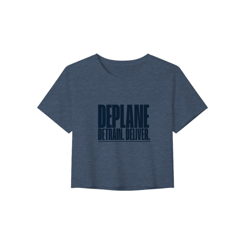 Deplane. Detrain. Deliver. crop tee, Dumbbells and Hotels, colorway flat lay