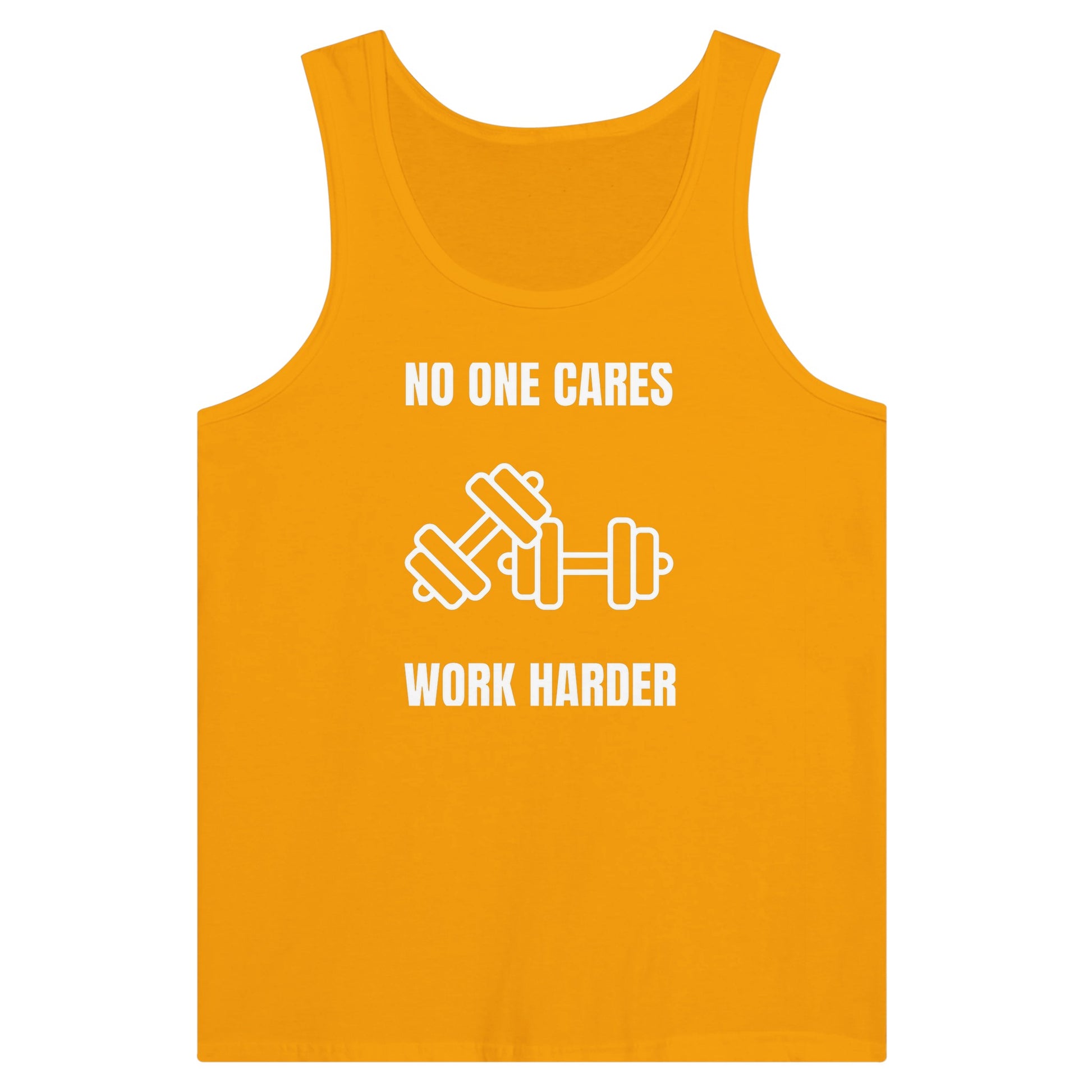 No One Cares. Work Harder premium tank for the hotel gym — technical tailored fit, built for travel days | Dumbbells & Hotels