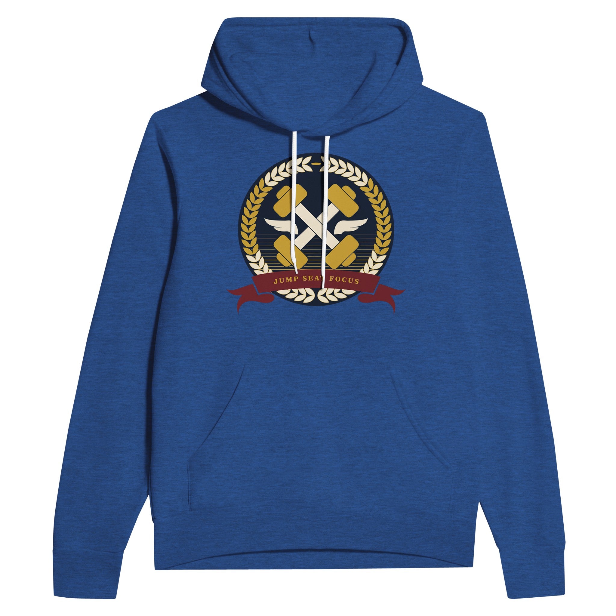 Dumbbells & Hotels unisex pullover hoodie with the Jump Seat Focus crest (gold laurel ring, crossed dumbbells over aviator wings, burgundy ribbon) - product shot 2 of 12