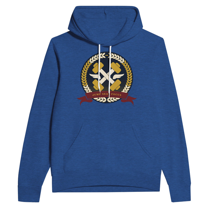 Dumbbells & Hotels unisex pullover hoodie with the Jump Seat Focus crest (gold laurel ring, crossed dumbbells over aviator wings, burgundy ribbon) - product shot 2 of 12