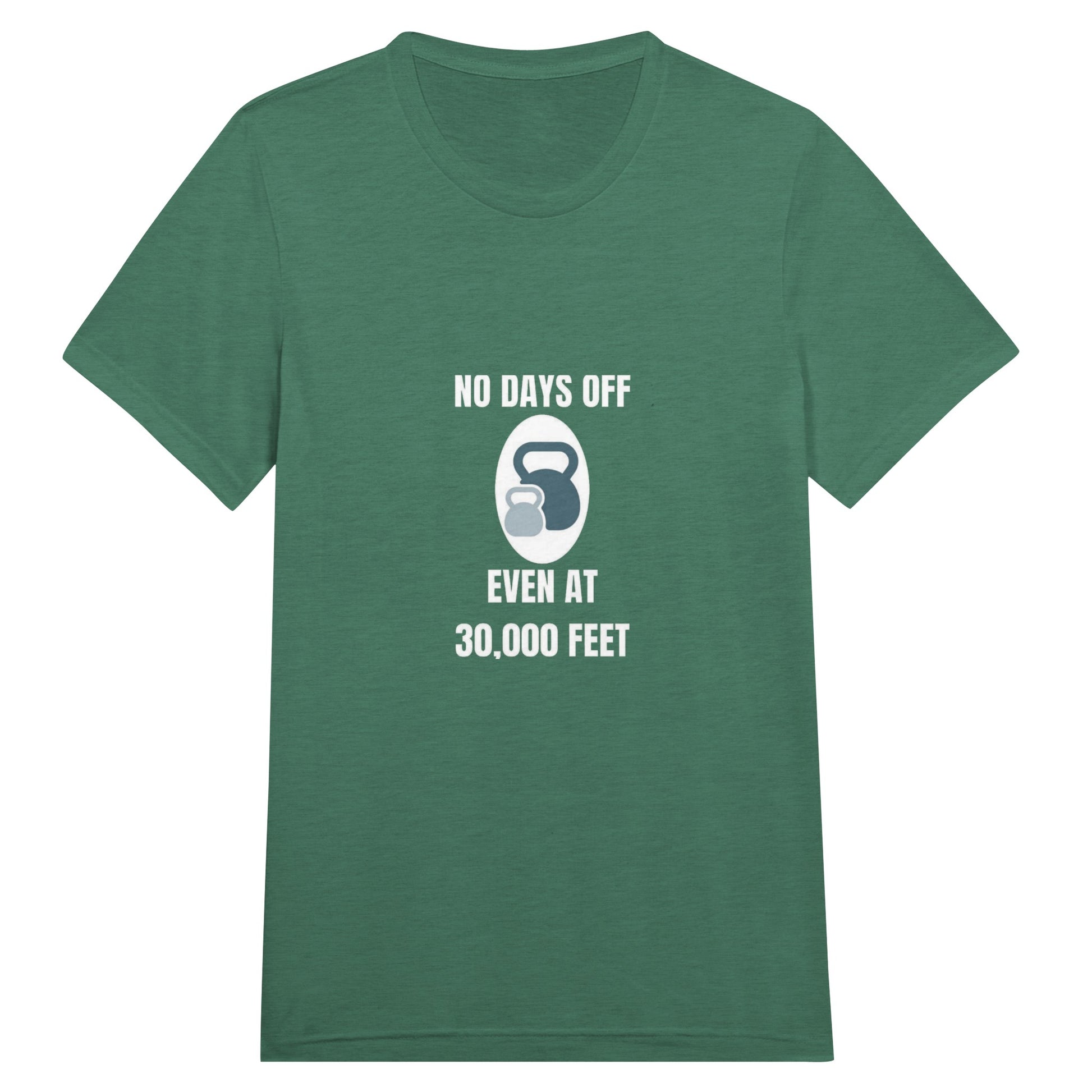 No Days Off Even at 30,000 Feet unisex triblend tee in Grass Green Triblend — packable travel training apparel from Dumbbells & Hotels