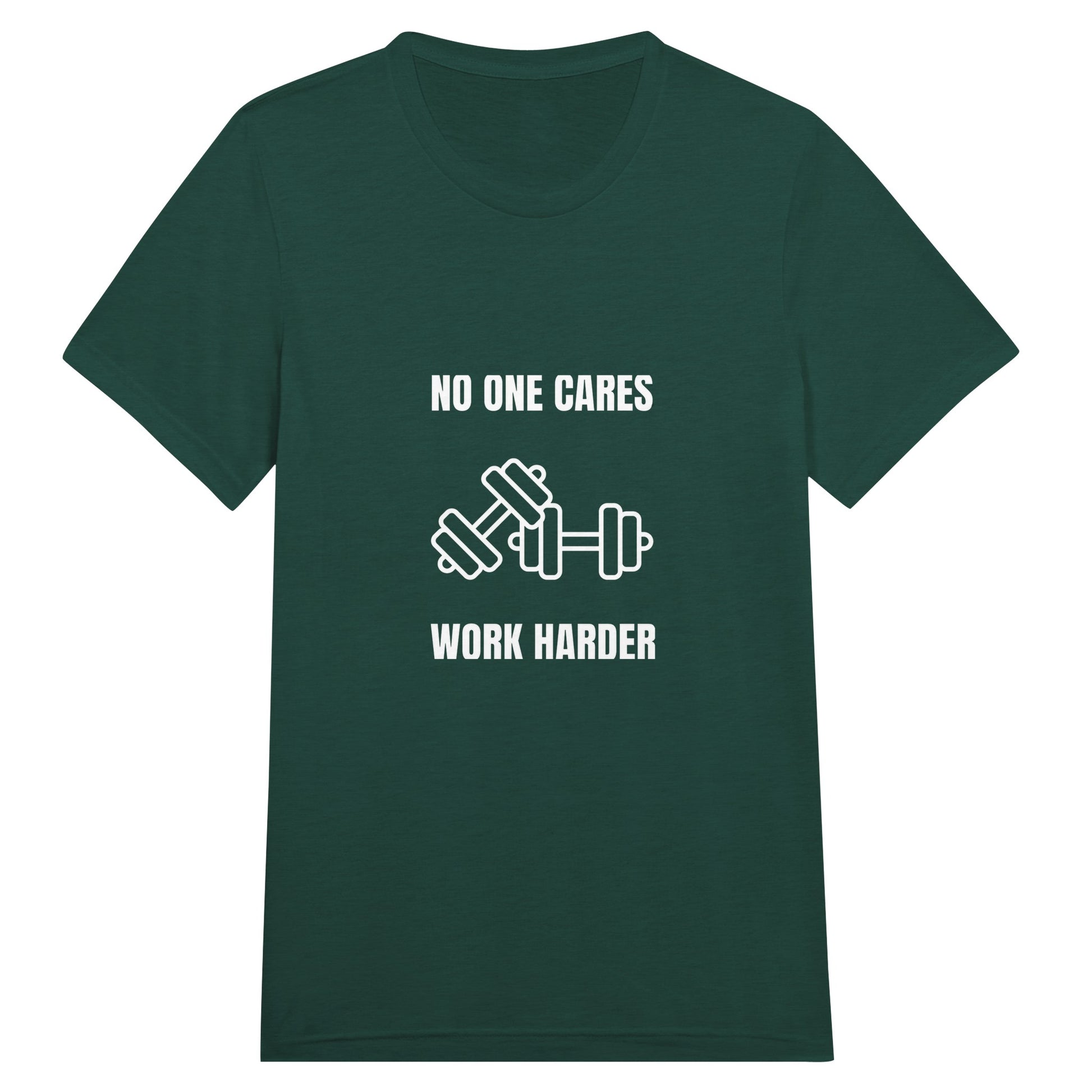 unisex triblend travel tee with white No One Cares. Work Harder. crossed-dumbbells print, styled for hotel gym training