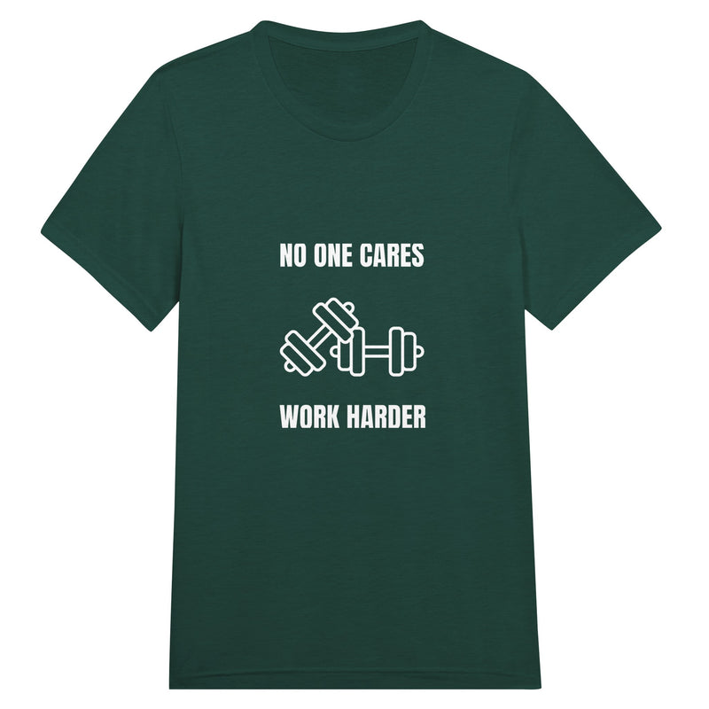 unisex triblend travel tee with white No One Cares. Work Harder. crossed-dumbbells print, styled for hotel gym training
