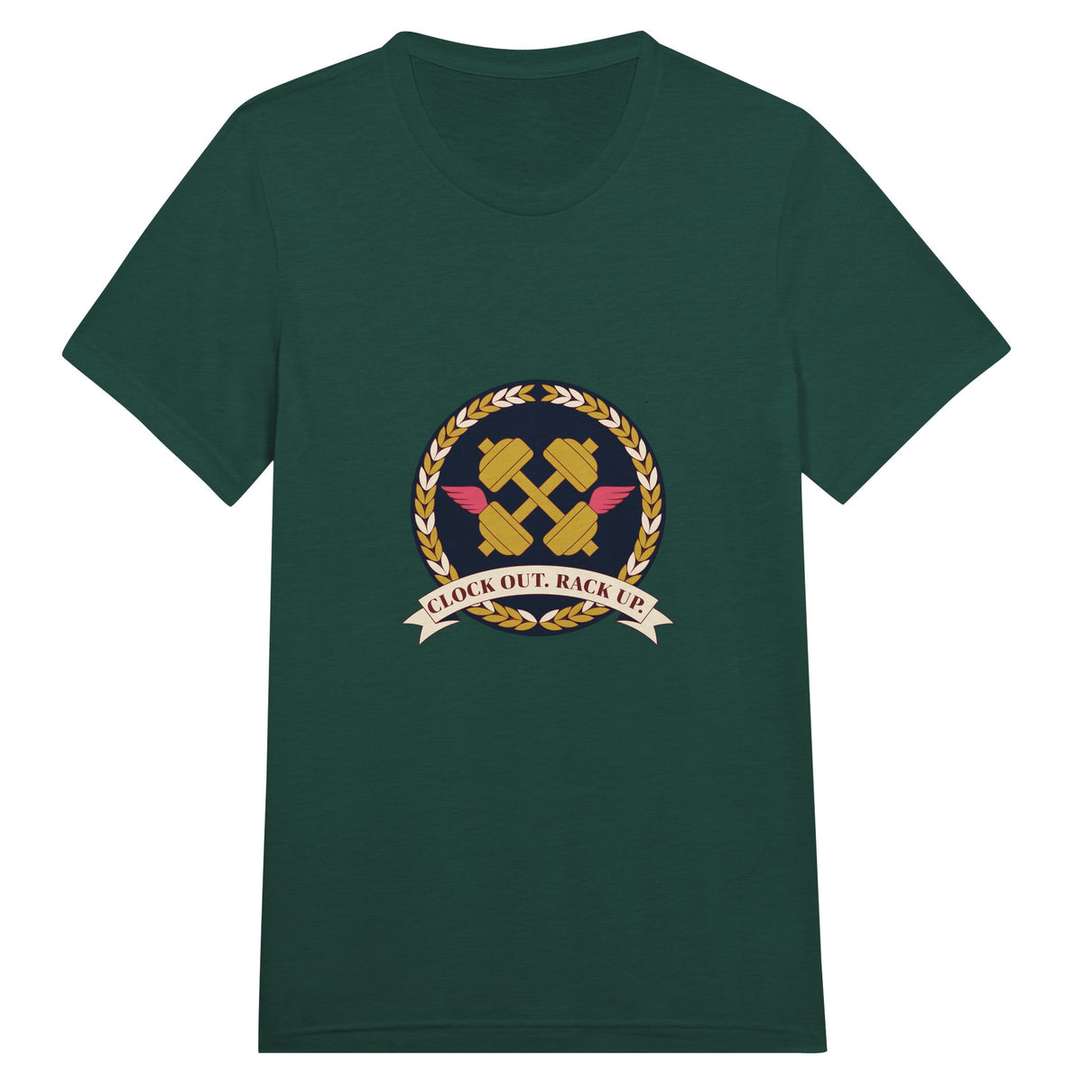 Clock Out. Rack Up. crest design on a Dumbbells and Hotels unisex travel tee