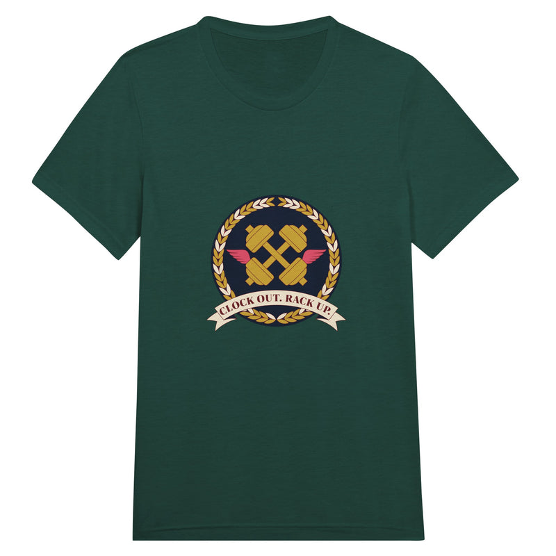 Clock Out. Rack Up. crest design on a Dumbbells and Hotels unisex travel tee