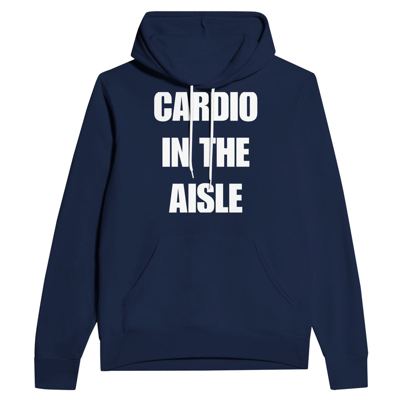 midweight travel hoodie with white Cardio in the Aisle statement print, product view 7