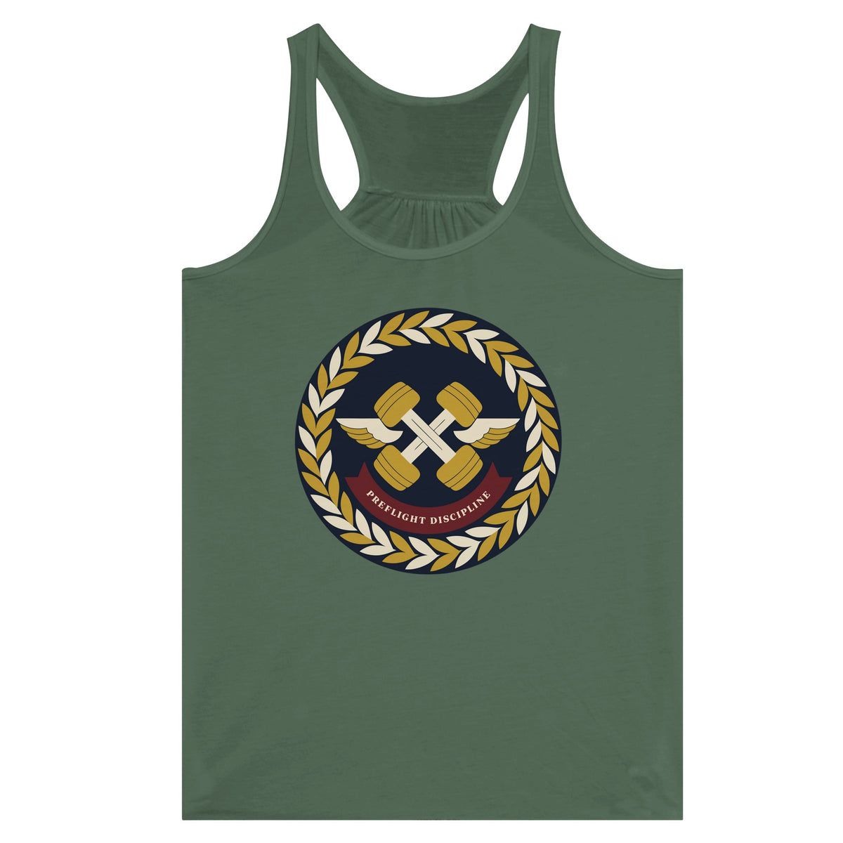 Preflight Discipline women's racerback tank for travelling professionals, printed with a laurel-wreath crest with crossed dumbbells, aviator wings and a PREFLIGHT DISCIPLINE banner — product photo 8 of 13