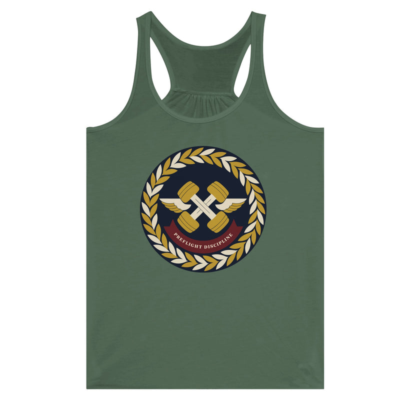 Preflight Discipline women's racerback tank for travelling professionals, printed with a laurel-wreath crest with crossed dumbbells, aviator wings and a PREFLIGHT DISCIPLINE banner — product photo 8 of 13