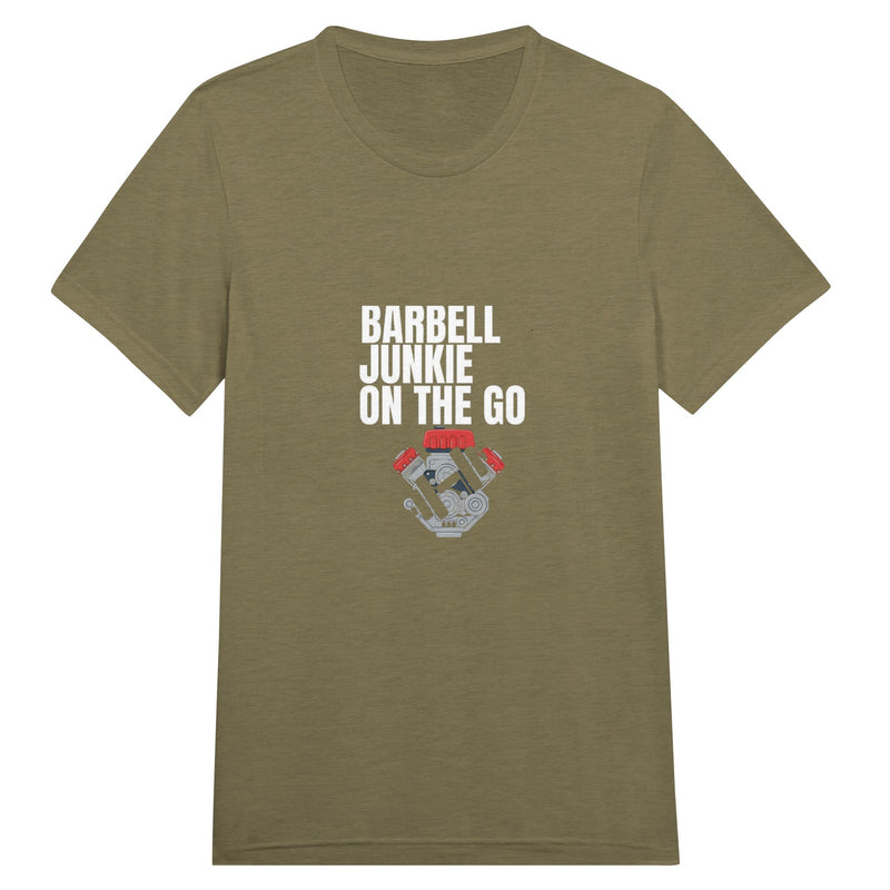 Barbell Junkie on the Go unisex classic travel tee by Dumbbells & Hotels — road warrior gym apparel