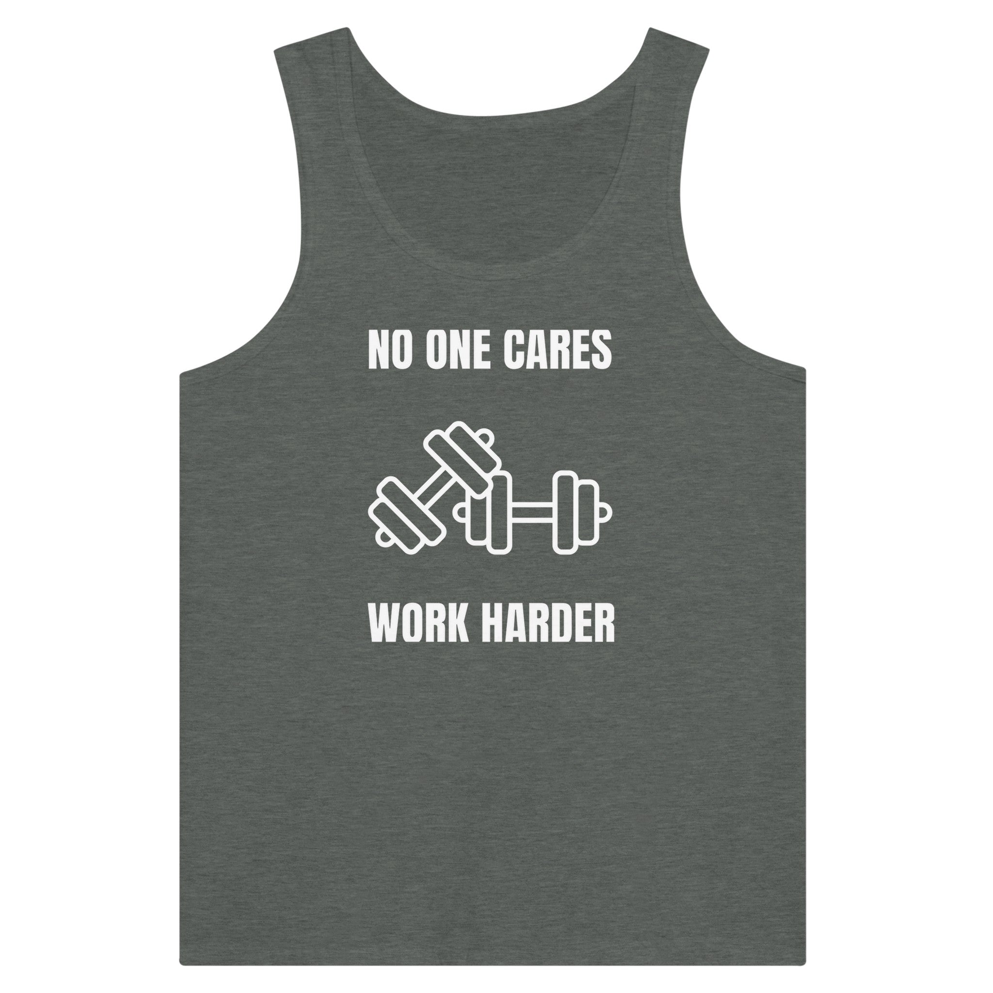 No One Cares. Work Harder dark-edition tank — capsule-wardrobe gym staple for the road warrior | Dumbbells & Hotels