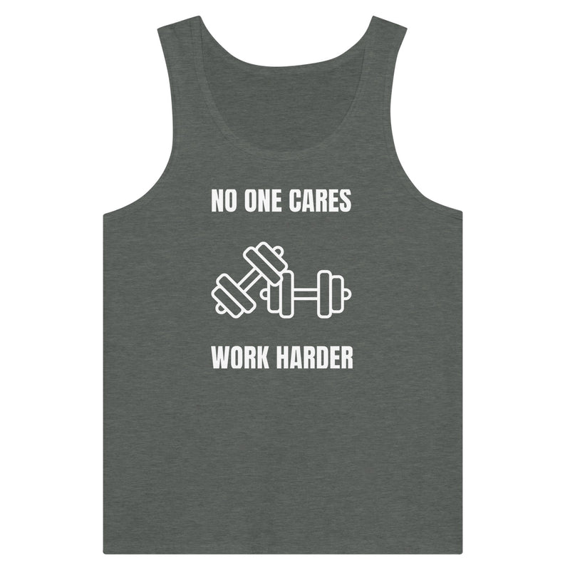 No One Cares. Work Harder dark-edition tank — capsule-wardrobe gym staple for the road warrior | Dumbbells & Hotels
