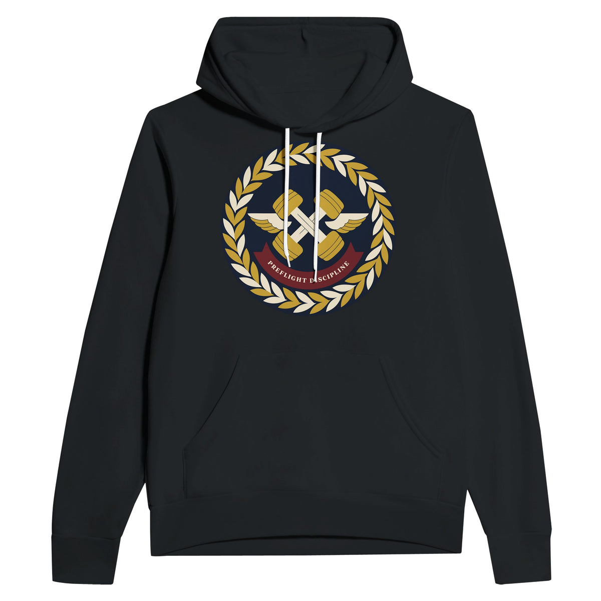 Preflight Discipline unisex pullover hoodie for travelling professionals, printed with a laurel-wreath crest with crossed dumbbells, aviator wings and a PREFLIGHT DISCIPLINE banner — product photo 5 of 12