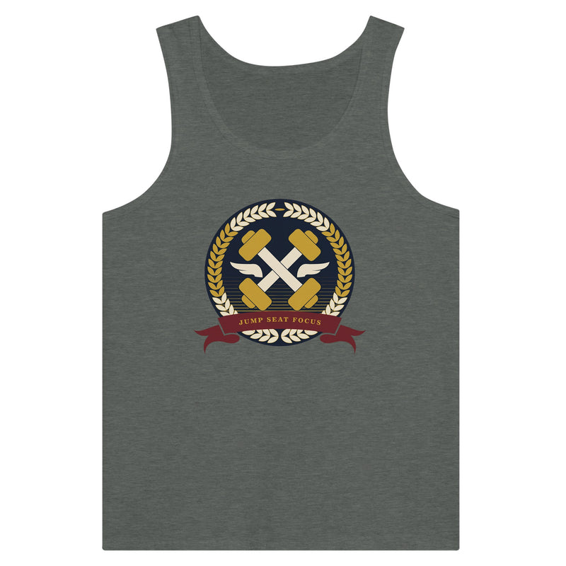 Dumbbells & Hotels unisex tank top with the Jump Seat Focus crest (gold laurel ring, crossed dumbbells over aviator wings, burgundy ribbon) - product shot 12 of 18