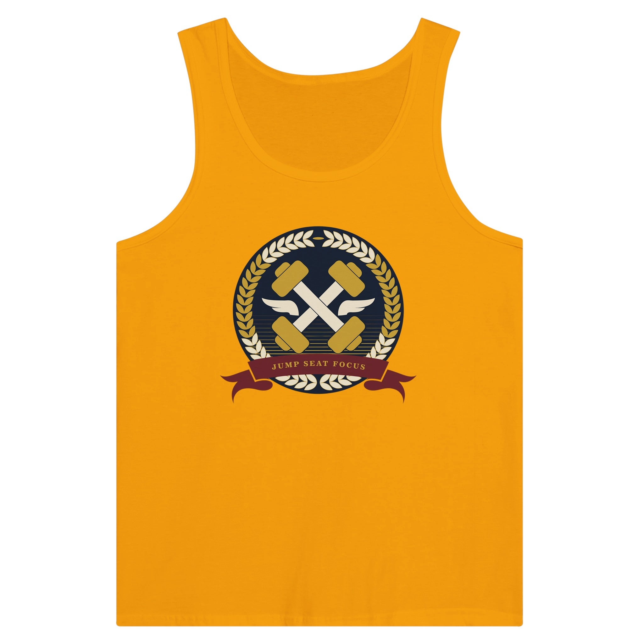Dumbbells & Hotels unisex tank top with the Jump Seat Focus crest (gold laurel ring, crossed dumbbells over aviator wings, burgundy ribbon) - product shot 3 of 18